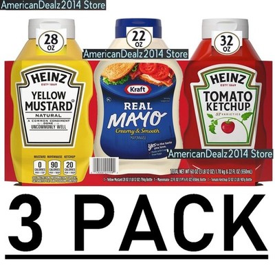 Heinz (1) Tomato Ketchup 32 oz. (1) Real Mayo 22 oz. (1) Yellow Mustard 28 oz