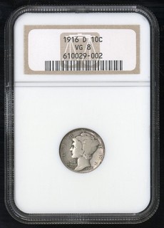 US Coin 1916 D Key Date Mercury Silver Dime NGC VG8 NO RESERVE!