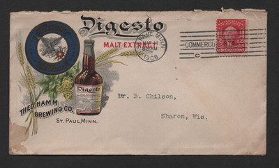 US 1908 HAMM BREWING CO ST PAUL MN TO SHARON WI COLOR ADVERTISING COVER