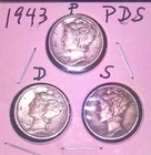 1943 -P D S MERCURY SILVER DIME 10C,  3 coins