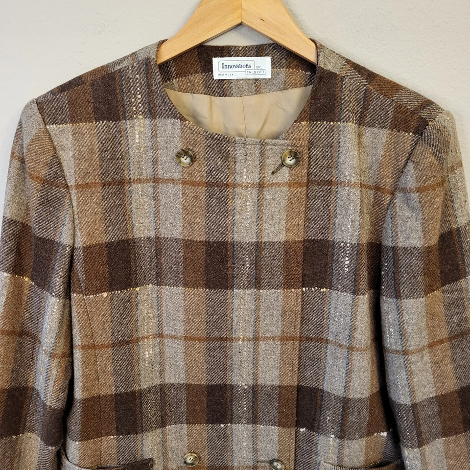 VTG 70s Brown Plaid 100% Wool Blazer Jacket Fits M/L Collarless Pockets Academia - Image 2 of 4