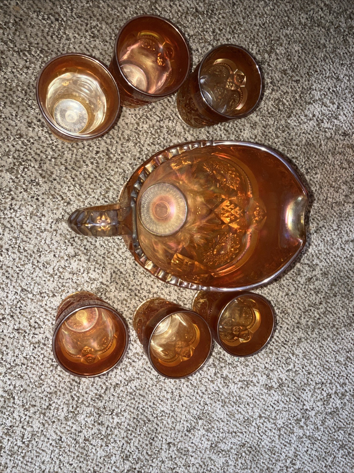 Carnival Glass  Imperial Marigold Water Set 6 Tumblers, 1 Pitcher