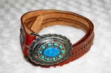 Western Belt Brown Womens Leather Oval Turquoise Stone Buckle Size 36