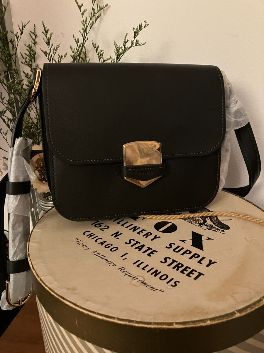 FOSSIL Lennox Leather Flap Crossbody Bag Black Large size New