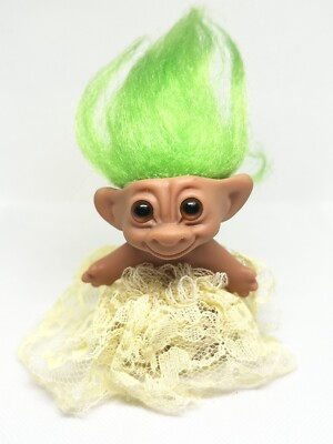 Vintage Wishnik Troll Doll Double Horseshoe Uneeda Green Hair Trolls, 3''