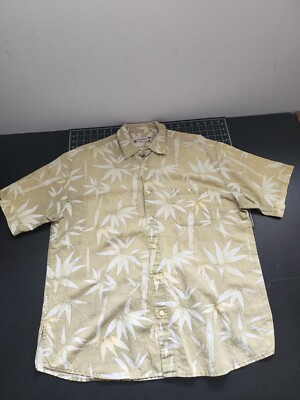 Summa Hawaiian Shirt Mens Size Large Button Up Yellow Bamboo Print Aop Ramie