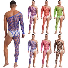 US Men's See Through Fishnet Bodysuits Rhinestone Asymmetrical Jumpsuits Outfits