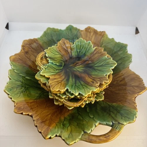 Set of 7 Antique Majolica Leaf Salad Bowl 12" + 6 Plates 6.5" Green Gold Germany