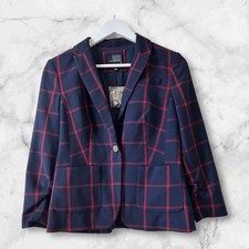 The Limited Women's One Button Plaid Blazer Dark Navy Red Size S Office Workwear