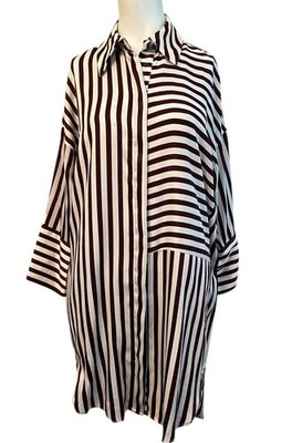 Zara Basic Collection Small Brown White Striped Tunic Satin Long Sleeve Cover Up