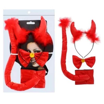 Geiler Teufel Kostüm Set Kunstleder Schwanz Hörner Fliege Halloween Erwachsene Accessoire