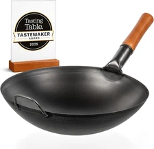 YOSUKATA 14" Carbon Steel Wok with round Bottom – Pre-Seasoned Pow Wok for Stir 