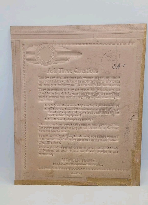 Vintage Printing Mold / Flong Mat for Newspaper Ads ~ Funeral Home Mortuary