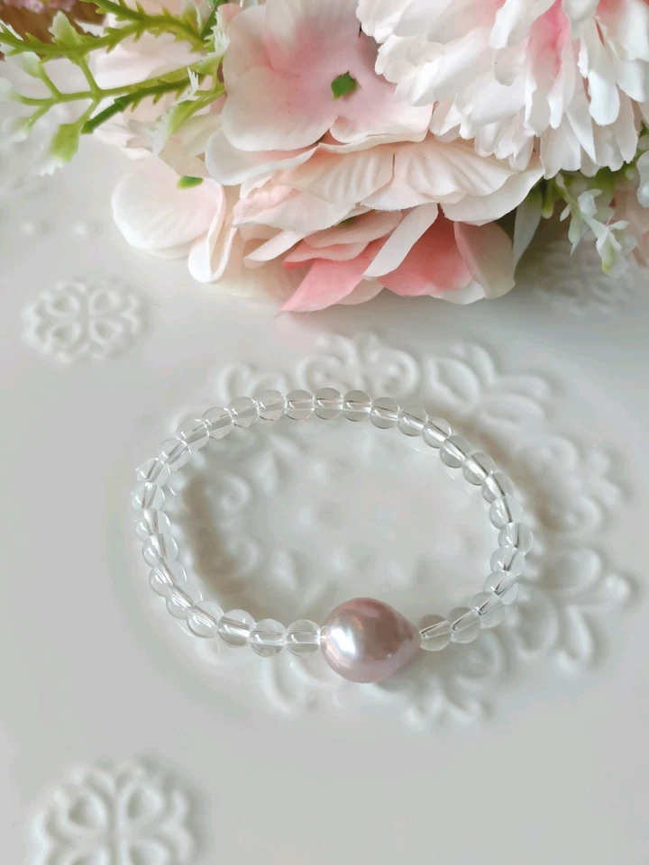  Armband  aus Kristall  & roséfarbener Barock-perlen, elastisch, elegant, Unikat - Bild 3 von 4