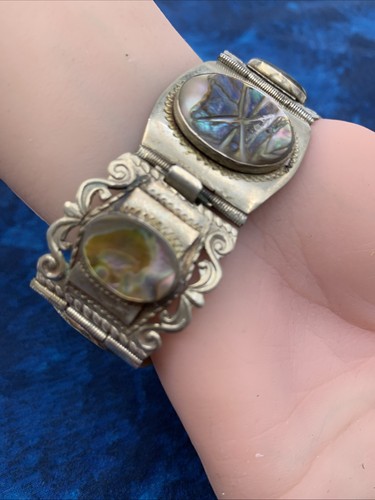 Vtg Taxco Sterling Silver 925 Abalone Shell Panel Link Bracelet Jewelry 7" 47.6g