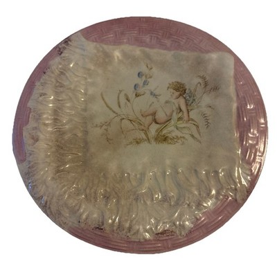 Dresden China Antique  Transferware Plate Cupid Handkerchief PINK 19th Century 