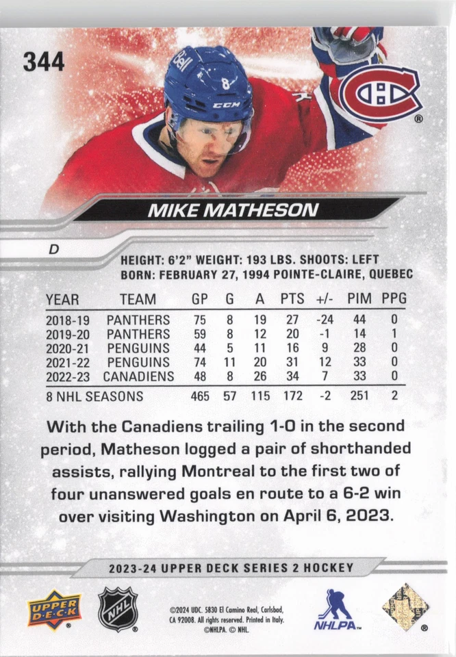 2023-24 Upper Deck #344 Mike Matheson - Image 2 of 2