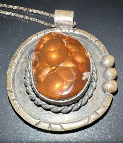 Sterling Fire Agate Pendant Necklace Vintage - Picture 7 of 22