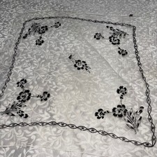 Vintage Made in Japan Sheer White Scarf Black Floral Flocked Square Neckerchief