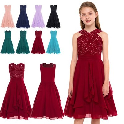 Mädchen Elegant Chiffon Kleider mit Strass Prinzessin Kommunions Hochzeit DE