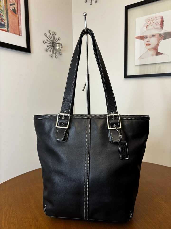 Bolso de Mano Hampton Bucket Vintage Coach Cuero Negro Doble Asa Cierre Superior con Cremallera G2U Foto 2 de 4