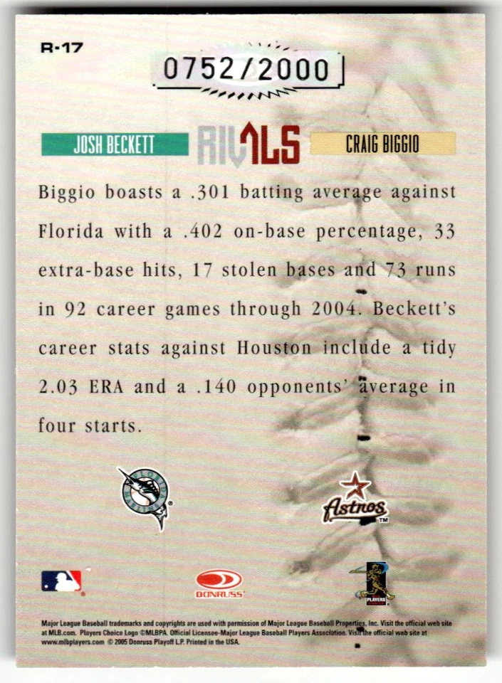 2005 Donruss Leather & Lumber Josh Beckett / Craig Biggio Rivals #/2000 #R-17 - Image 2 of 2