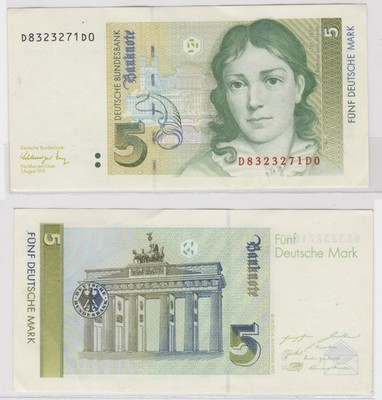 T111981 Banknote 5 DM Deutsche Mark Ro. 296a Schein 1.August 1991 KN D832321D0