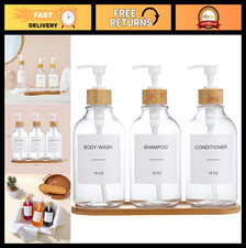 Shower Shampoo  Conditioner Dispenser Set, 3 Chamber Refillable Bottles, Bamboo