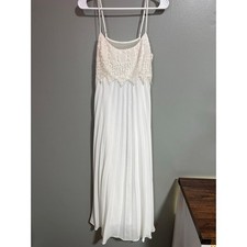 White Lace Bodice Pleated Midi Dress Adjustable Straps Sheer Lined Top Size M