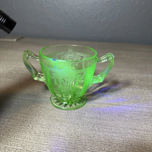 Vintage Hocking Green Uranium Glow Glass Art Cameo Ballerina Sugar Bowl