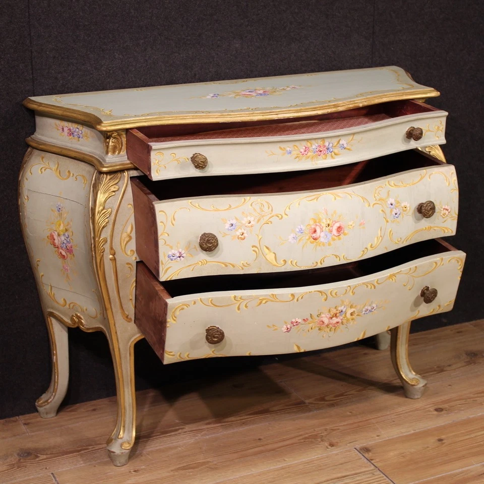 Cómoda veneciana lacada pintada 3 cajones mueble cómoda siglo XX Foto 3 de 4
