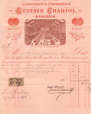 BORDEAUX - INVOICE GUSTAVE CHARIOL, TYPOGRAPHY AND LITHOGRAPHY - 1893