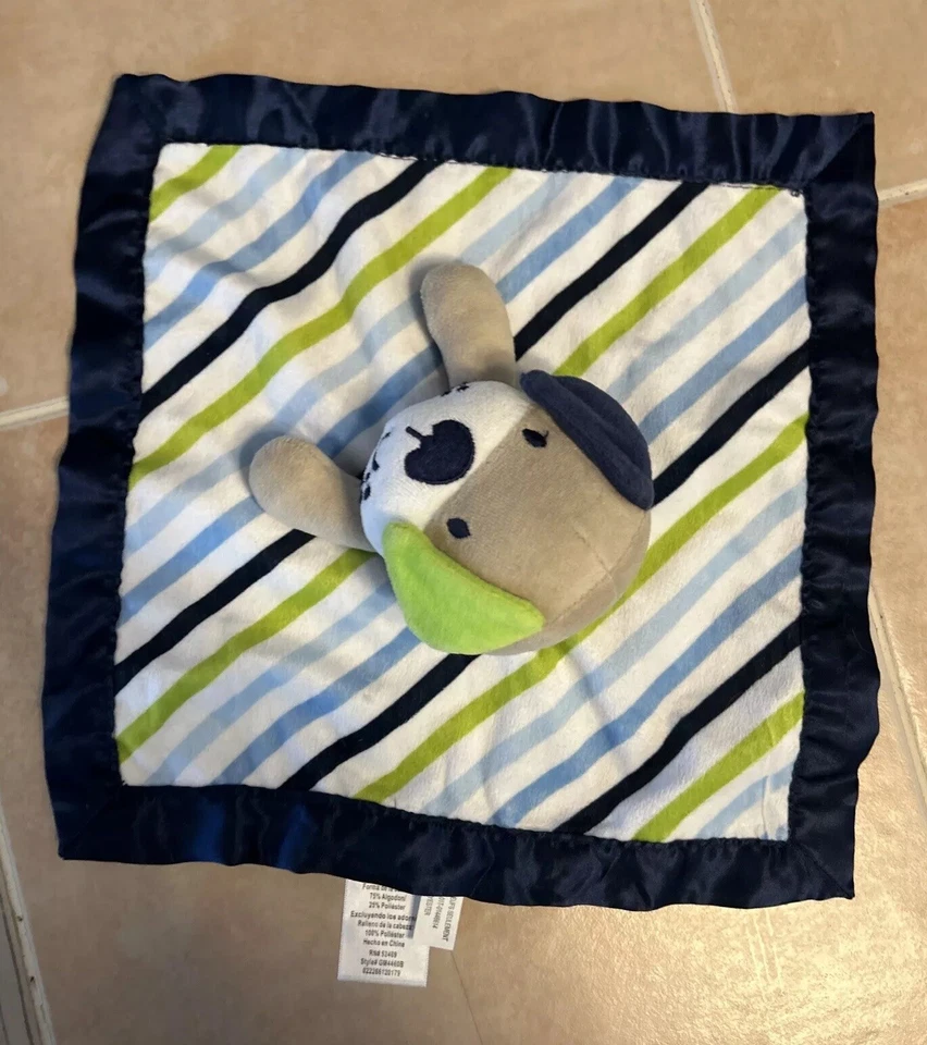 Garanimals Puppy Dog Lovey Security Blanket Striped Navy Blue & Green Satin Back - Image 4 of 4