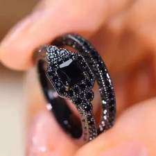 Princess Simulated Black Diamond Bridal Set Beautiful Ring 14k Black Gold Plated