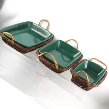 Set of 3 Green Casserole Dishes with Baskets Dishwasher Microwave Oven Safe Pans