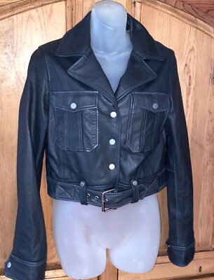 BAGATELLE Black Genuine Leather Belted Cropped Moto Jacket Flannel Lined  Size S