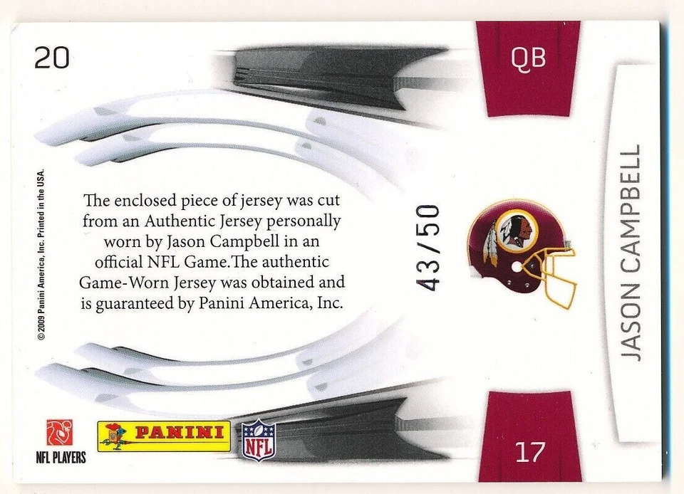 JASON CAMPBELL 2009 PANINI PRESTIGE #20 PRESTIGIOUS PICKS GOLD JERSEY 43/50 SP - Image 2 of 2
