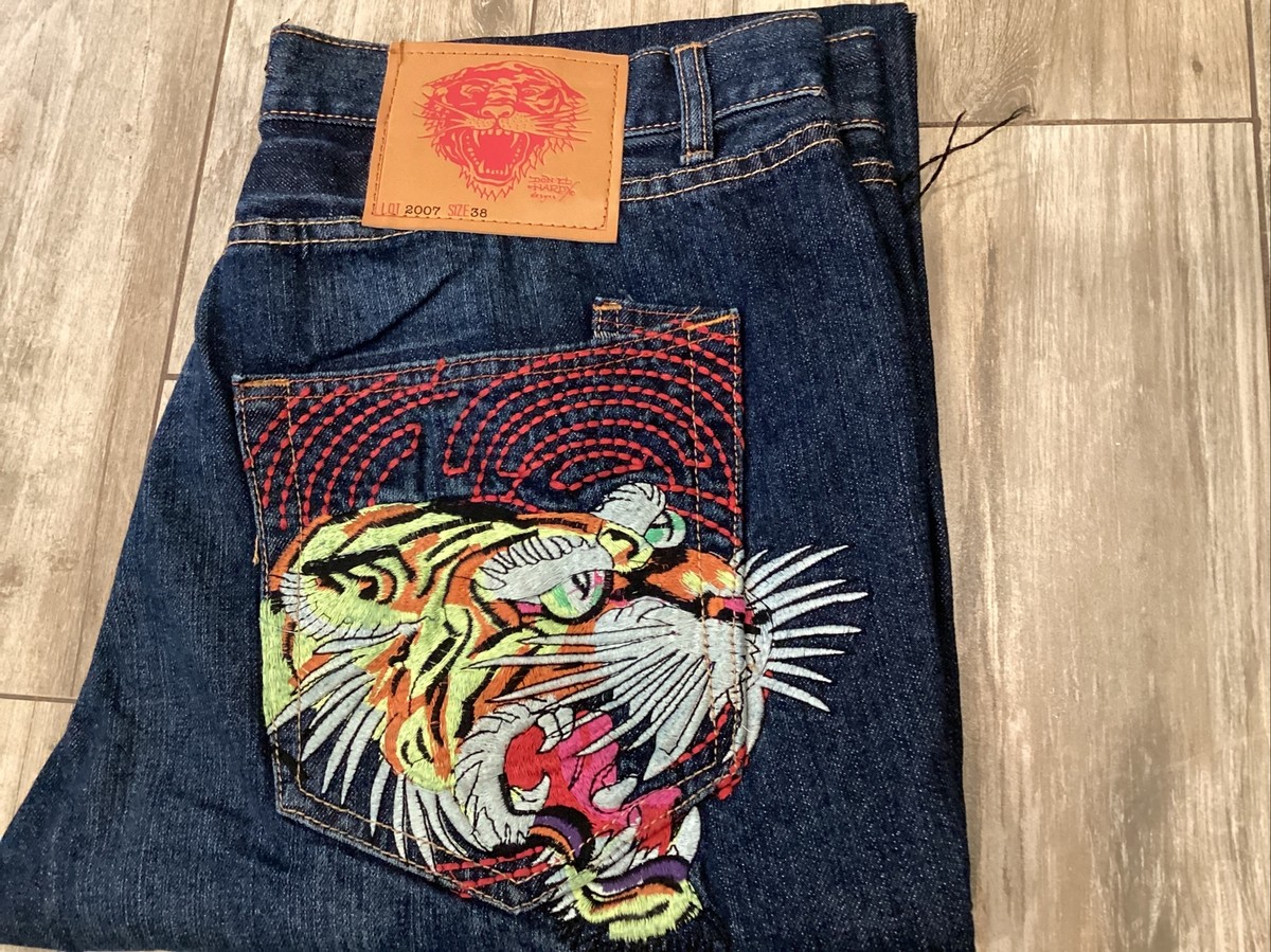 Y2K 2007 Ed Hardy Embroidered Jeans 38x34 Tiger Pockets VERY