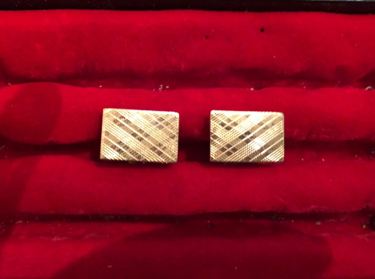 Rectangular Gold Cufflinks with Engraved Diagonal… - image 1