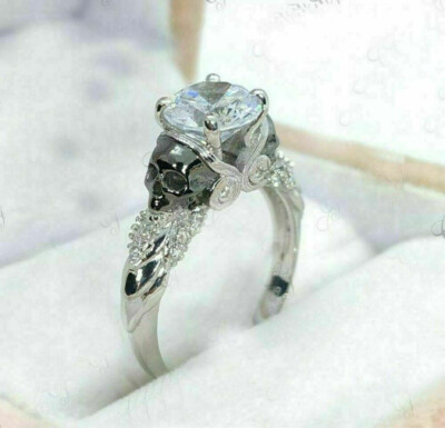 14k White Gold 2.25Ct Diamond Two Tone Skull Engagement Ring Simulated in Size 7