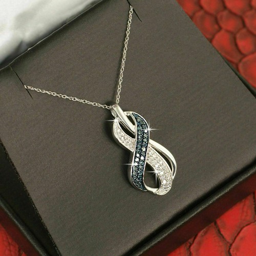 10K White Gold Fancy Infinity Blue Diamonds Ladies Necklace - Picture 2 of 2