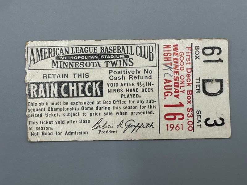 Vintage 1961 Minnesota Twins Ticket Stub v KC Athletics 8/16/61 Home Run Allison