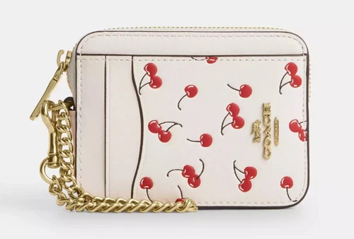 Coach Chalk Multi Cherry Print  Smooth Leather Zip Card Case (CFA38) - NWT