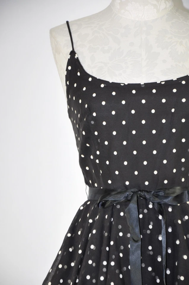 60s Vintage Black Polka Dot Cotton Ruffled Full Skirt Spaghetti Strap Dress XS S - Image 3 of 4