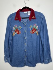 Bobbie Brooks Women's Denim Christmas Shirt Stockings Holly Vintage Size Large