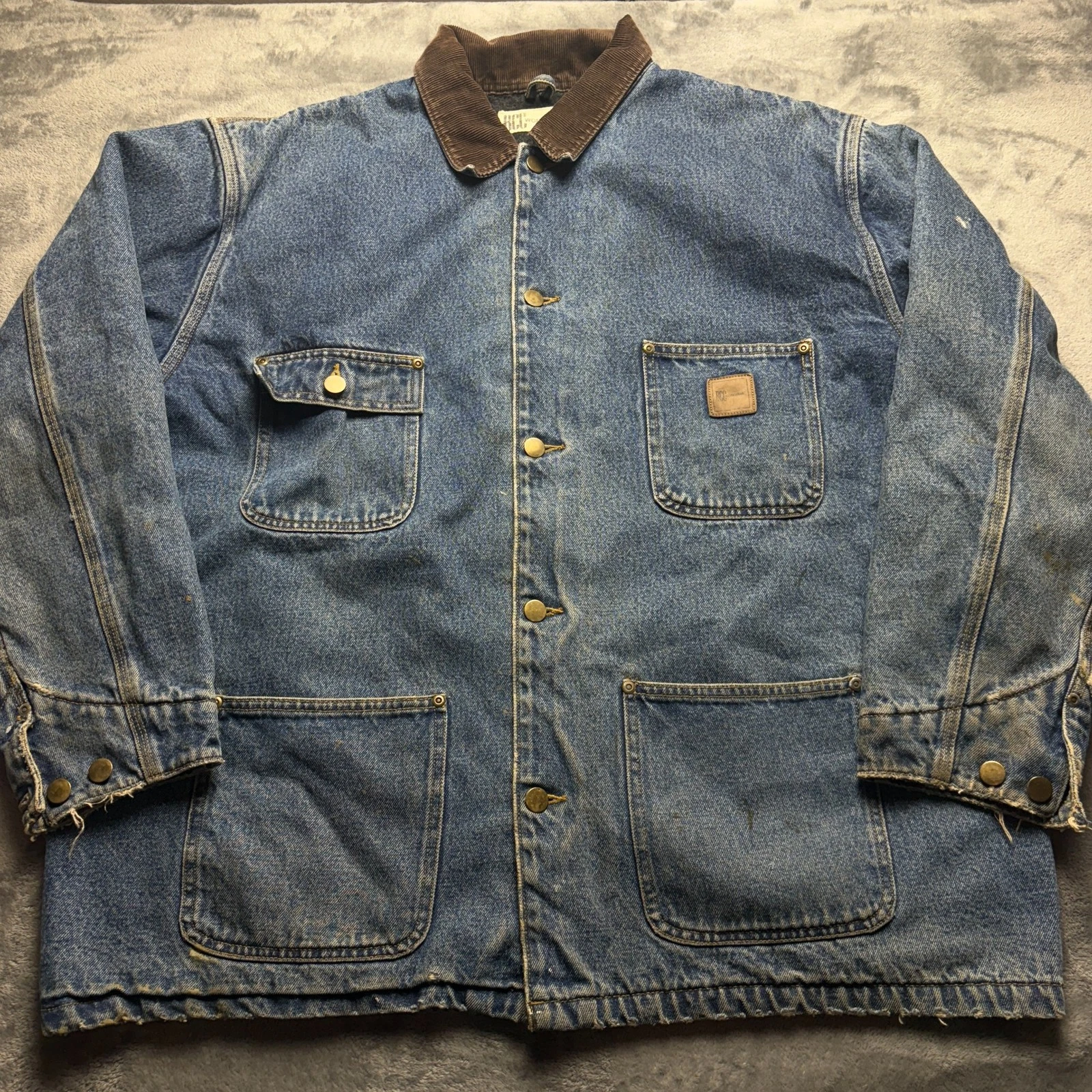 Vintage Bcc Workwear Utility Jacket Mens XL Blue Denim Fleece Lined Button Front