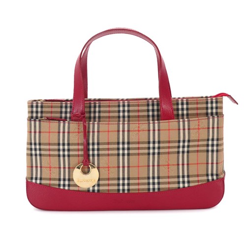 BURBERRY Plaid Hand Bag Canvas Leather Beige Red Purse 90333887
