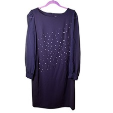 Karl Lagerfeld Paris Womens Navy Blue Pearl Embellished Sheer Sleeve Dress 10