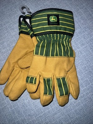 John Deere Kids Work Gloves Yellow Green Stripes Logo Childrens Gloves