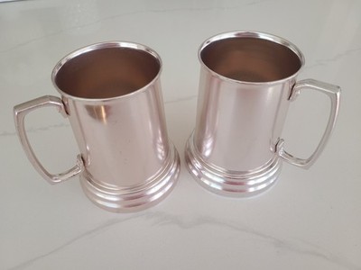 2 Vintage Metal Beer Stein Tankard Mug Set Made in Hong Kong Rustic Glass Bottom